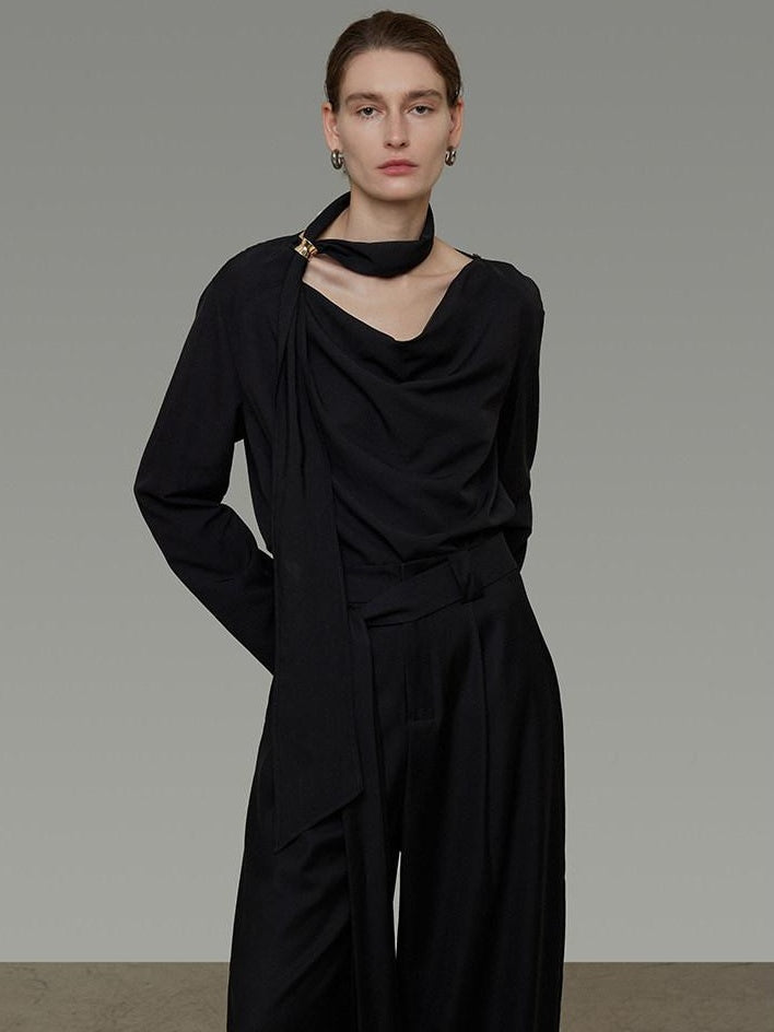 unspoken Breathable Minimalist Loose Fit Ribbon V-neck Office Women Solid Black Blouses