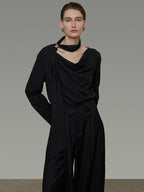 unspoken Breathable Minimalist Loose Fit Ribbon V-neck Office Women Solid Black Blouses