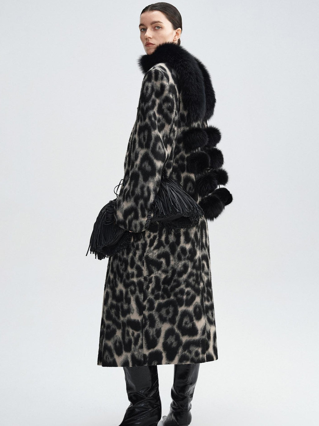 audreyyang Thick Wool Blend Retro Loose Leopard Double Breasted Lapel Long Coats
