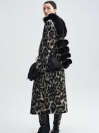 audreyyang Thick Wool Blend Retro Loose Leopard Double Breasted Lapel Long Coats