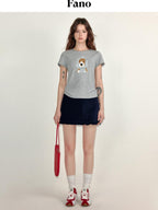 fano Viscose Blend Korean Slim Fit Crew Neck Animal Print Women Short Sleeve T-Shirts