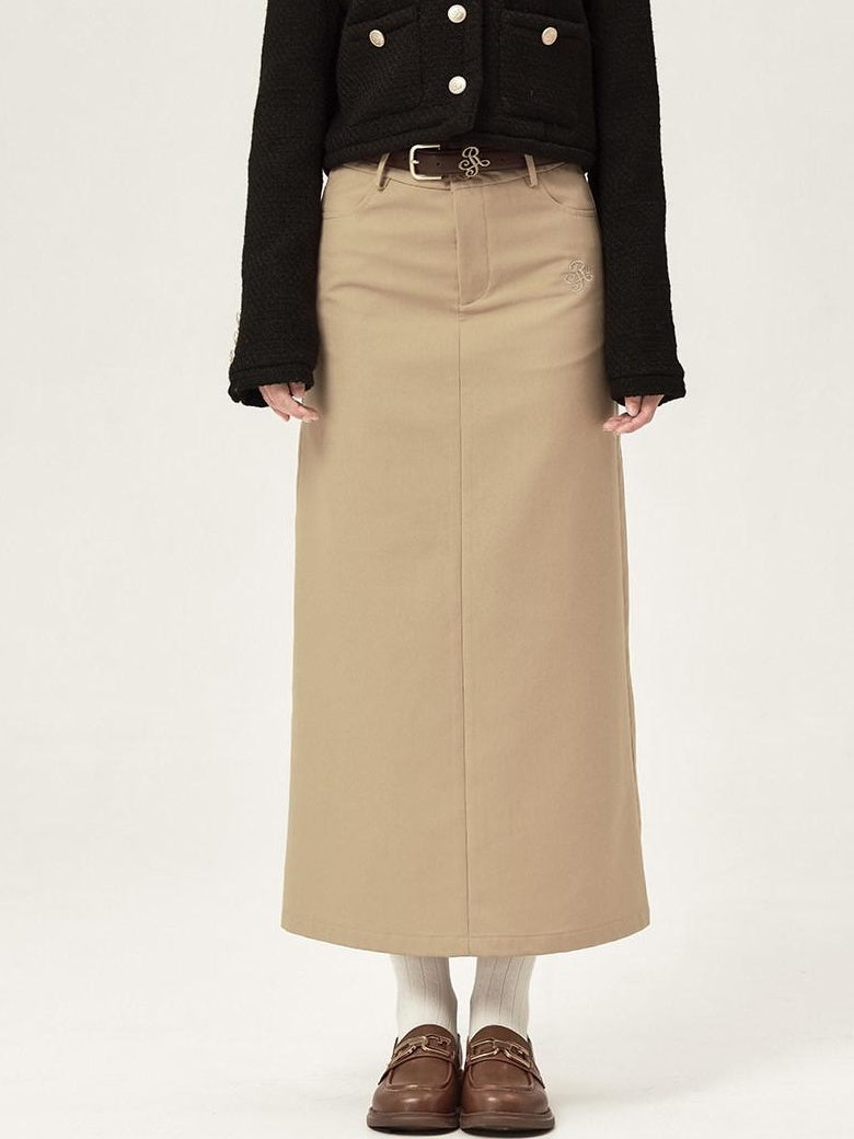 ikyou High Waist Embroidered A Line Minimal Office Midi Khaki Black Maxi Skirts