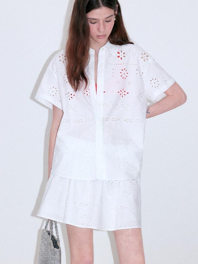 fano Pure Cotton Uv Korean Office Straight Short Sleeve Crew Neck Button Blouses