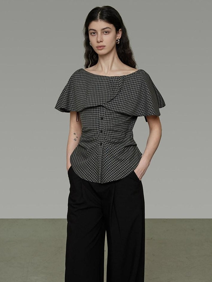 unspoken Breathable Minimal Loose Ruffle Boatneck Women Plaid Button Short Sleeve Blouses