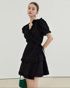 fano High Waist Tie A Line Cotton V-neck Puff Sleeves Casual Work Women Midi Dresses