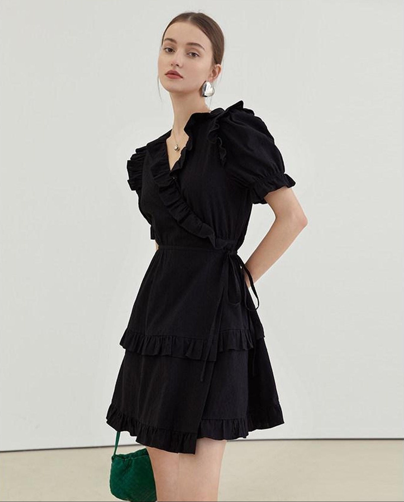 fano High Waist Tie A Line Cotton V-neck Puff Sleeves Casual Work Women Midi Dresses