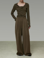 unspoken High Waist Breathable Tailored Loose Solid Brown Green Women Wide Leg Pants