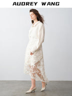 audreyyang Shimmering Sequin Lace Asymmetrical Mid Rise Tie Waist Women White Midi Skirts