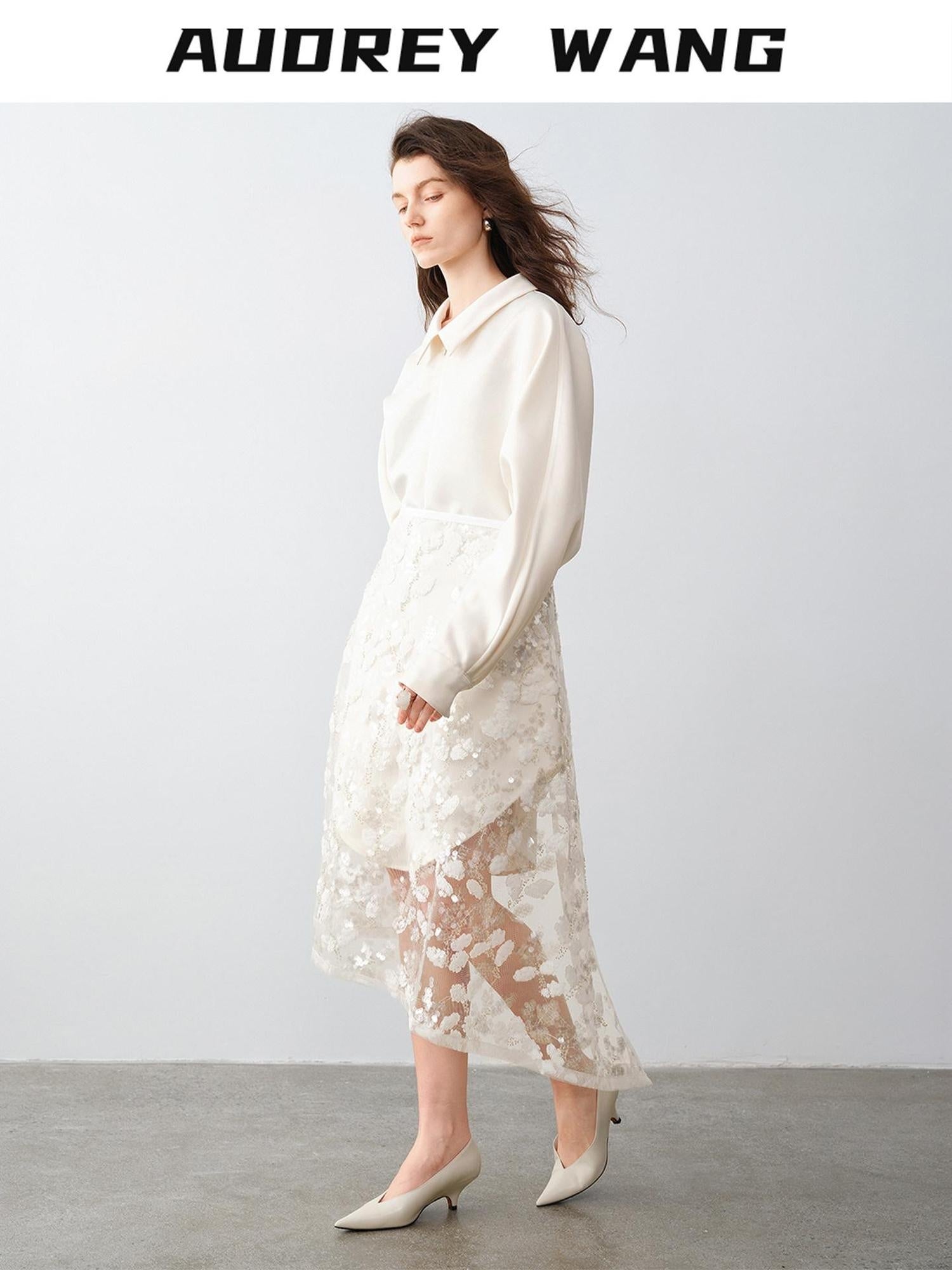 audreyyang Shimmering Sequin Lace Asymmetrical Mid Rise Tie Waist Women White Midi Skirts