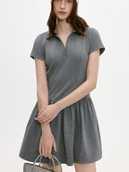 fano Soft Cotton Vintage Polo Collar A Line Natural Waist Girl Deep Gray Midi Dresses