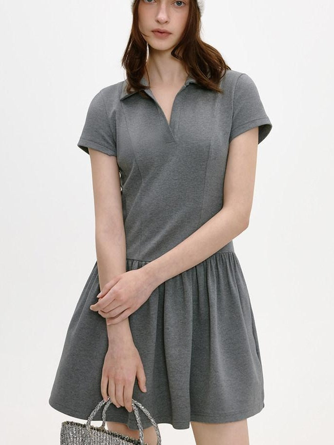 fano Soft Cotton Vintage Polo Collar A Line Natural Waist Girl Deep Gray Midi Dresses