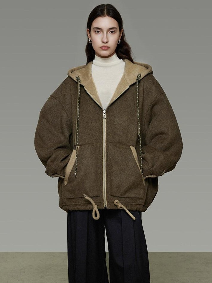 unspoken Premium Sheepswool Minimal Commuter Loose Fit Hooded Zip For Women Wool Coats
