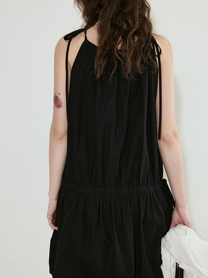 fano Black Sleeveless Aline Neck Natural Waist Cotton Blend Commuter Midi Dresses