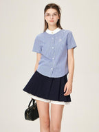 ikyou Embroidered Patchwork Straight Fit Stand Collar Short Sleeve Blue Button Blouses
