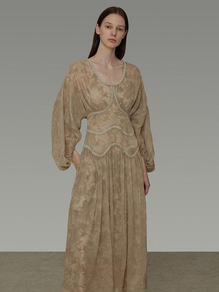 unspoken Casual Jacquard A Line Natural Waist Long Sleeve U Neck Khaki Women Maxi Dresses