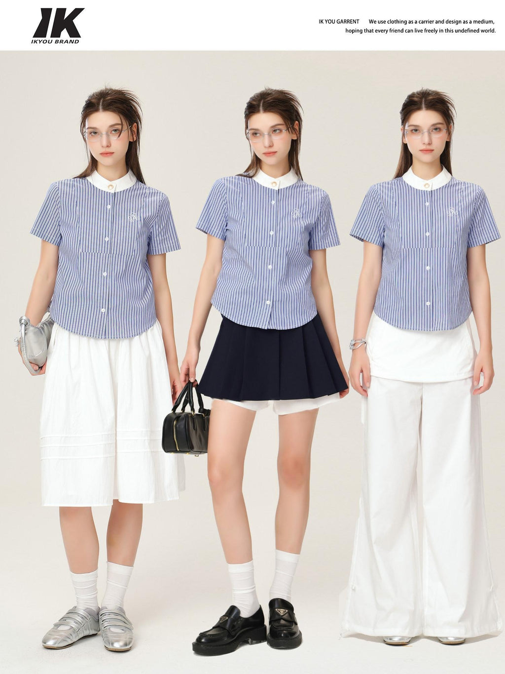 ikyou Embroidered Patchwork Straight Fit Stand Collar Short Sleeve Blue Button Blouses