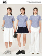 ikyou Embroidered Patchwork Straight Fit Stand Collar Short Sleeve Blue Button Blouses