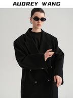 audreyyang Cotton Linen Casual Loose Double Breasted Womens Commuter Black Blazers