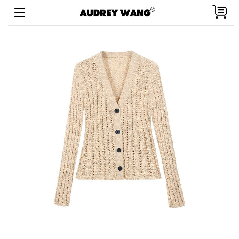 audreyyang_Lightweight_Openwork_Slim_V-neck_Button_Knitted_Cotton_Women_Cardigans_MISSTT