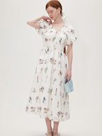 fano Lyocell Embroidered High Waist Puff Sleeve Aline Square Neck Party Maxi Dresses