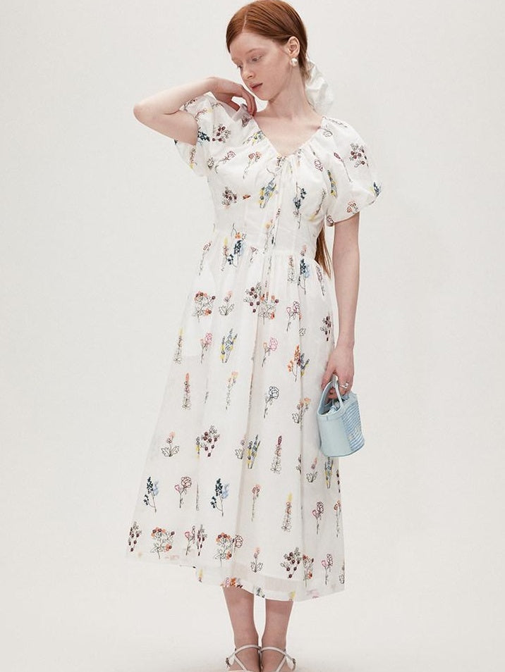 fano Lyocell Embroidered High Waist Puff Sleeve Aline Square Neck Party Maxi Dresses