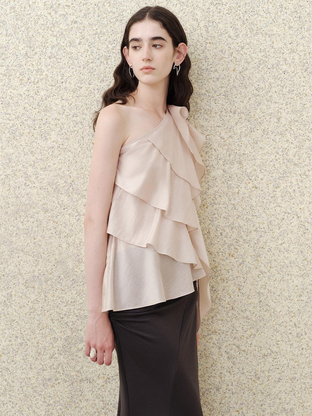 someonesometimes Ruffle One Shoulder Loose Tencel Modal Soft Mist Pink Women Top