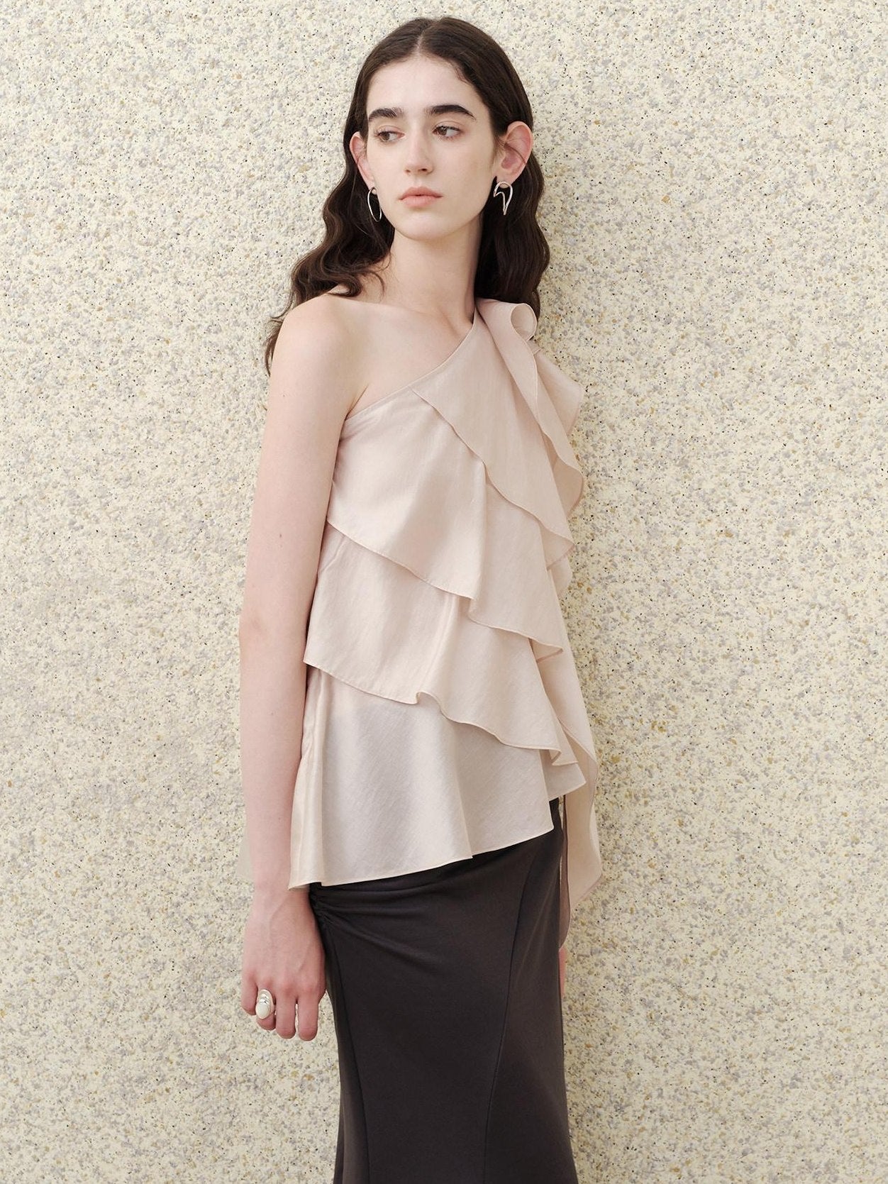 someonesometimes Ruffle One Shoulder Loose Tencel Modal Soft Mist Pink Women Top