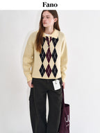fano Cotton Cashmere Warm Vintage Loose Rolled Edge Pullover Casual Argyle Sweaters