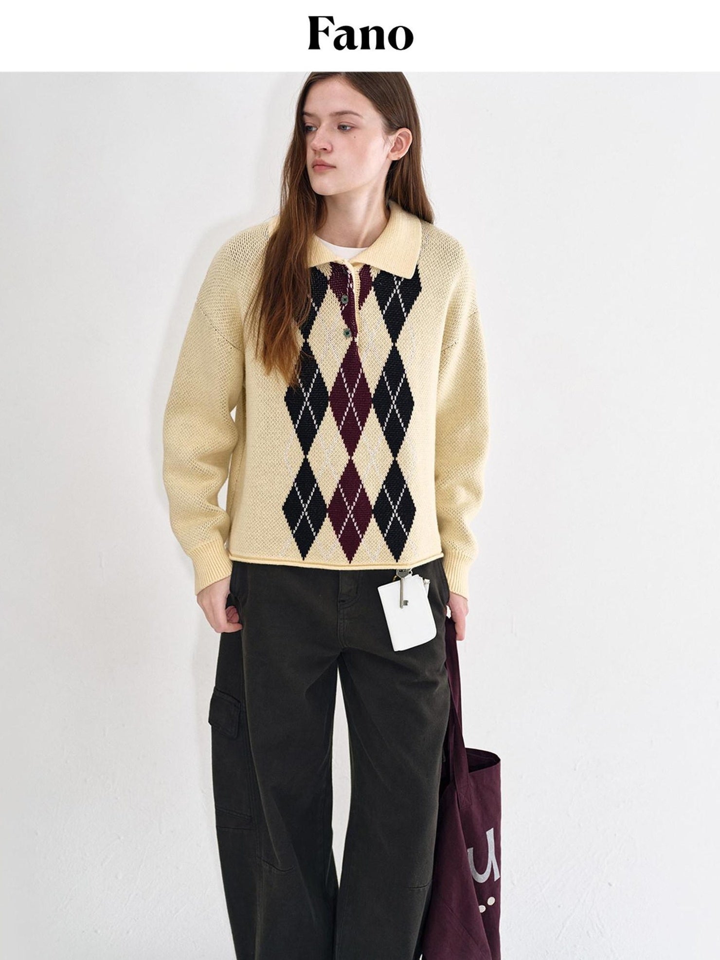 fano Cotton Cashmere Warm Vintage Loose Rolled Edge Pullover Casual Argyle Sweaters