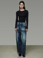 unspoken Washed High Waist Durable Workwear Vintage Blue Button Fly Rigid Wide Leg Jeans