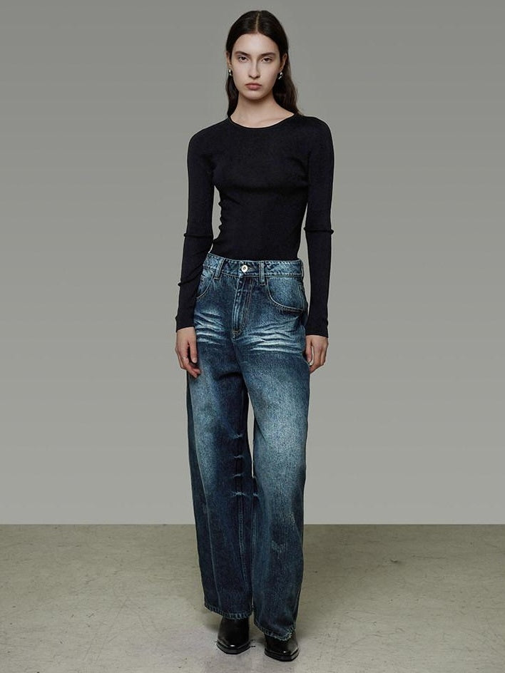 unspoken Washed High Waist Durable Workwear Vintage Blue Button Fly Rigid Wide Leg Jeans