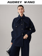 audreyyang Bow Detail Loose Fit Casual Women Daily Polka Dot Cotton Denim Jackets