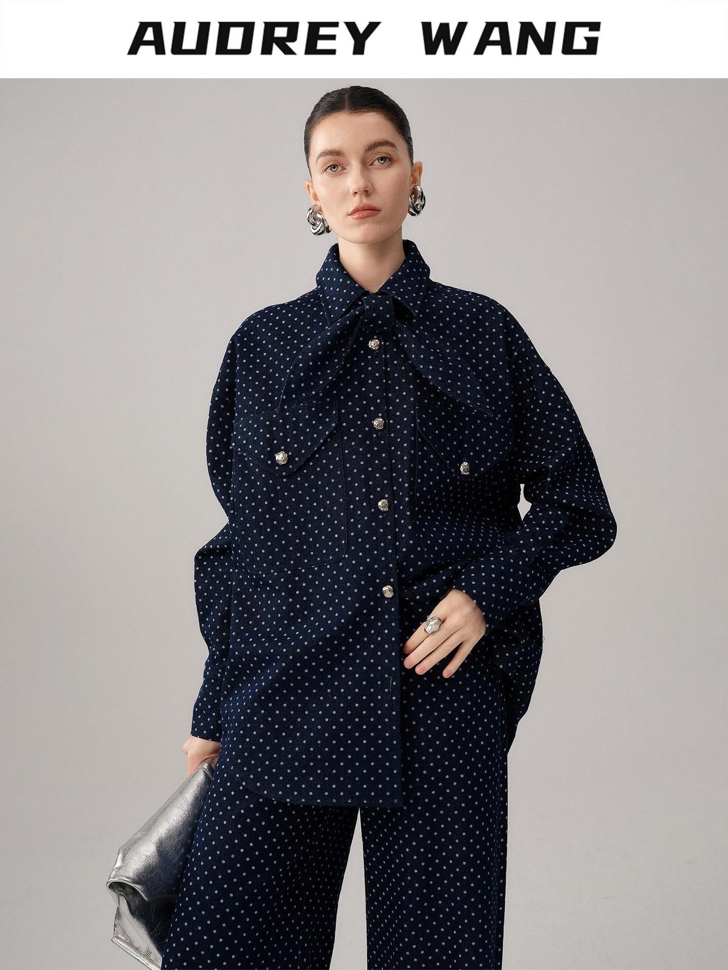audreyyang Bow Detail Loose Fit Casual Women Daily Polka Dot Cotton Denim Jackets