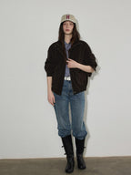 Lofi choose Zip Front Loose Fit Commuter Office Long Sleeve Dark Brown Women Cropped Jackets