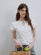 Lofi choose Puff Sleeve Tie Neck Loose Fit Office Workwear Short Sleeve White Pink Blouses
