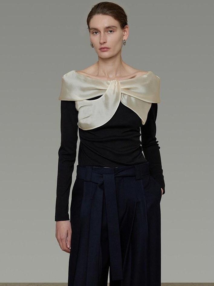 unspoken Elegant Slim Fit Knitted Contrast Bow Off Shoulder Long Sleeve Women Blouses