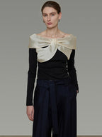 unspoken Elegant Slim Fit Knitted Contrast Bow Off Shoulder Long Sleeve Women Blouses