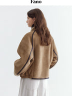 fano Comfortable Colorblock Stand Collar Zip Loose Fit Youth Camel Cropped Jackets