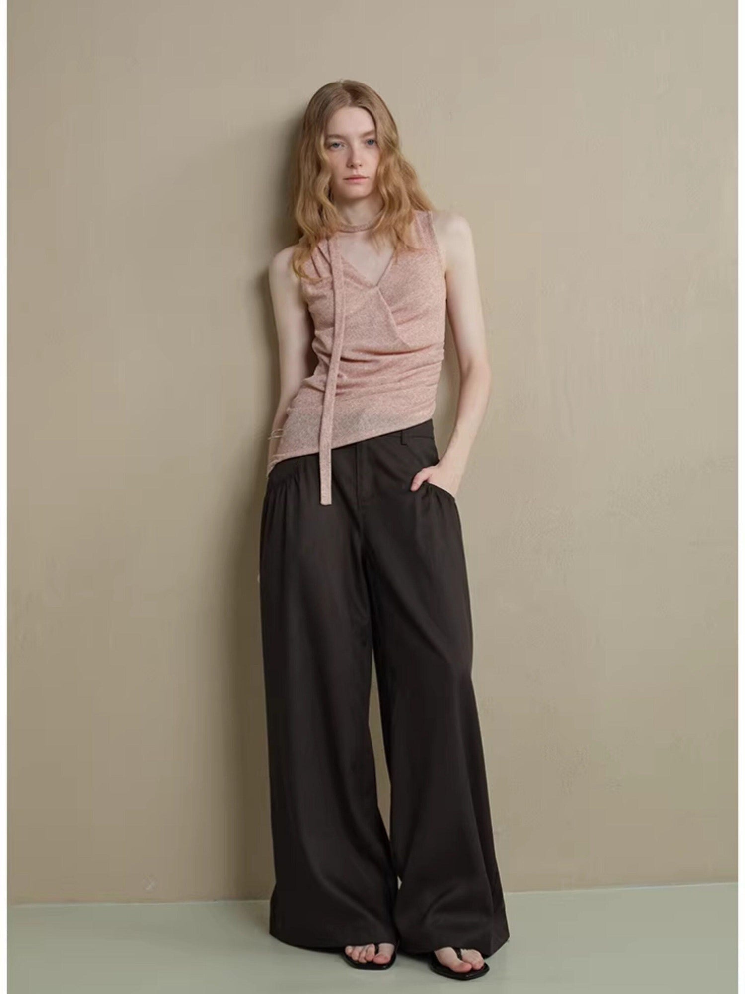 someonesometimes Comfort Minimalist Elastic Natural Waist Office Dark Brown Wide Leg Pants