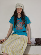 Lofi choose Cotton Floral Printed Loose Casual Round Neck Women Blue Short Sleeve T-Shirts