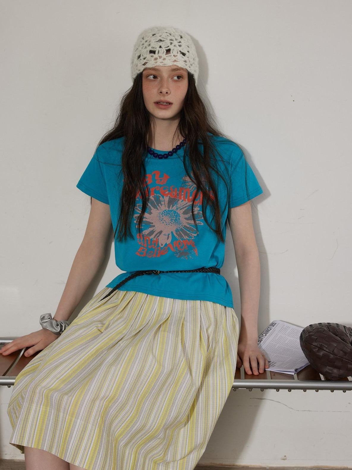 Lofi choose Cotton Floral Printed Loose Casual Round Neck Women Blue Short Sleeve T-Shirts