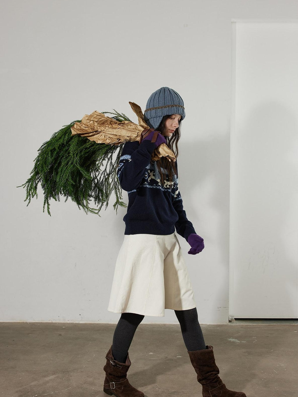 Lofi choose Pure Cotton High Waist Flared Loose Fit Women Office Off White Midi Skirts