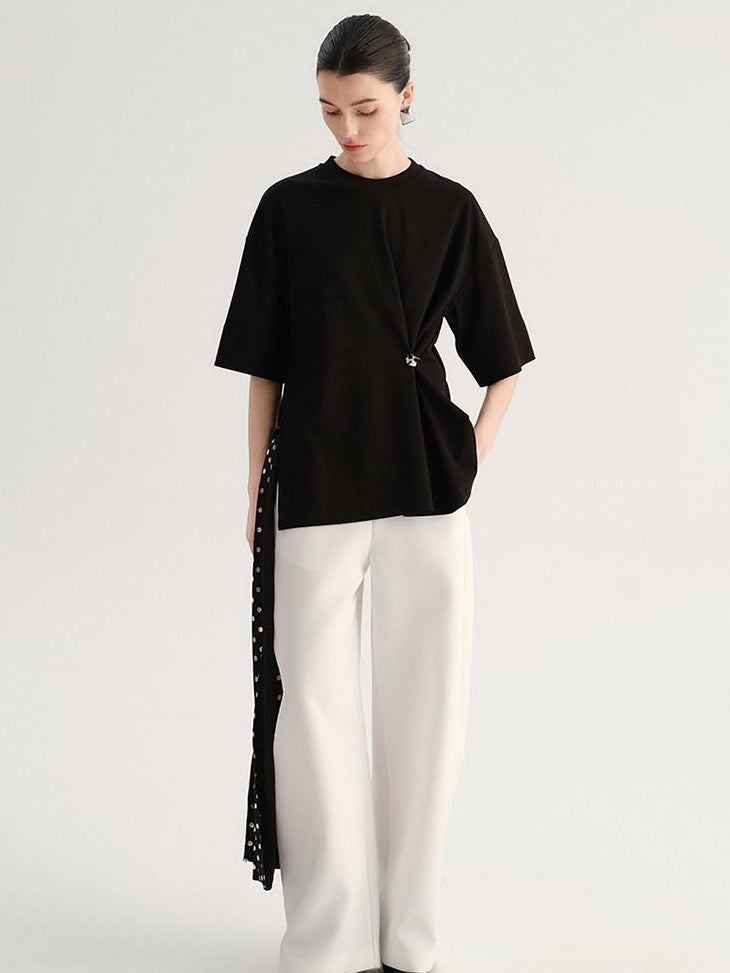 audreyyang Smart Office Natural Waist Zip Fly Polyester Blend Black White Straight Pants