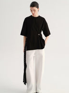 audreyyang Smart Office Natural Waist Zip Fly Polyester Blend Black White Straight Pants