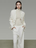 unspoken Soft Ivory Wool Blend Tailored Slim V-neck Long Sleeve Commuter Cardigans