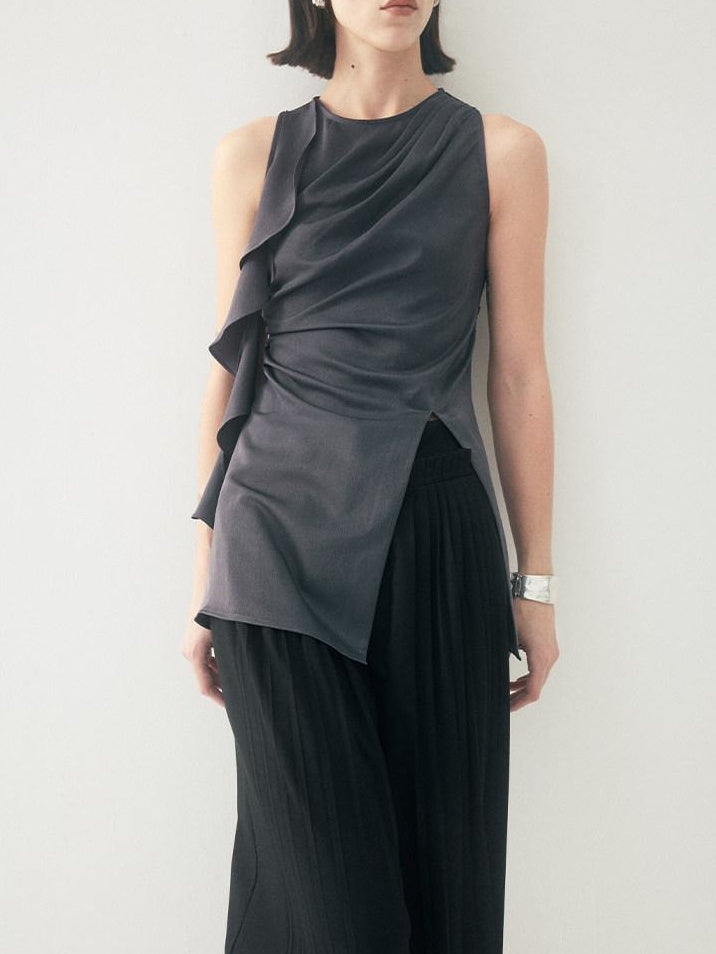 someonesometimes Satin Strappy Original Design Slim Fit Elegant Gray Off Shoulder Crop Tops
