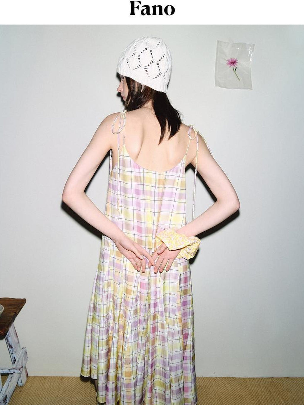fano Viscose Printed Purple Yellow Check A Line Camisole Korean Commuter Maxi Dresses