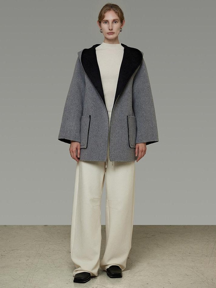 unspoken Minimal Commute Relaxed Fit Hooded Tie Waist Sculpted Cut Black Gray Wool Coats