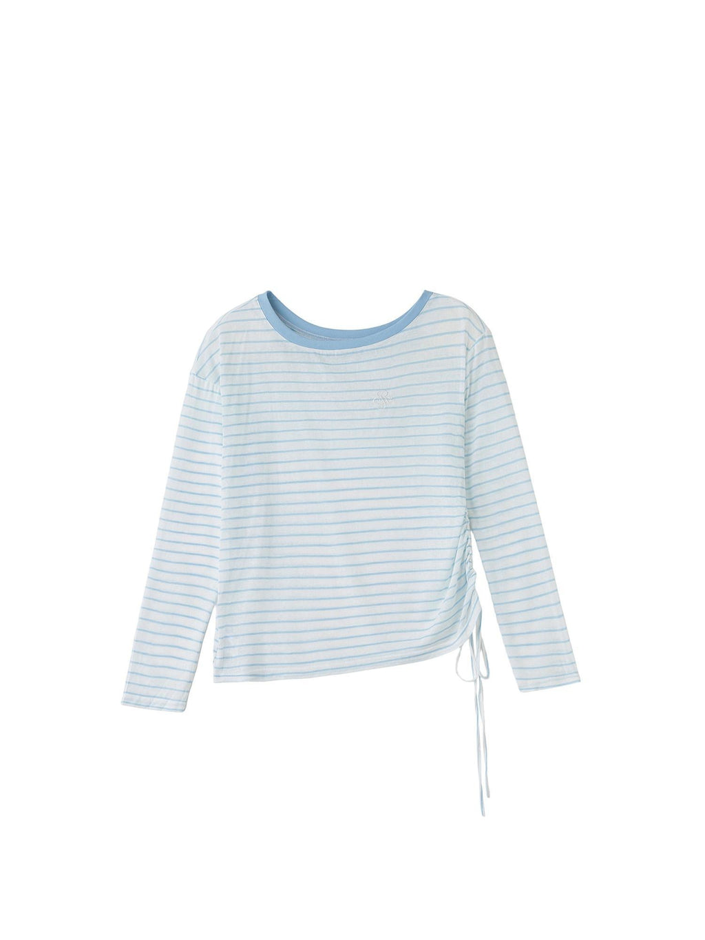 ikyou Cooling Lyocell Loose Embroidered Women Blue Striped Long Sleeve T-Shirts