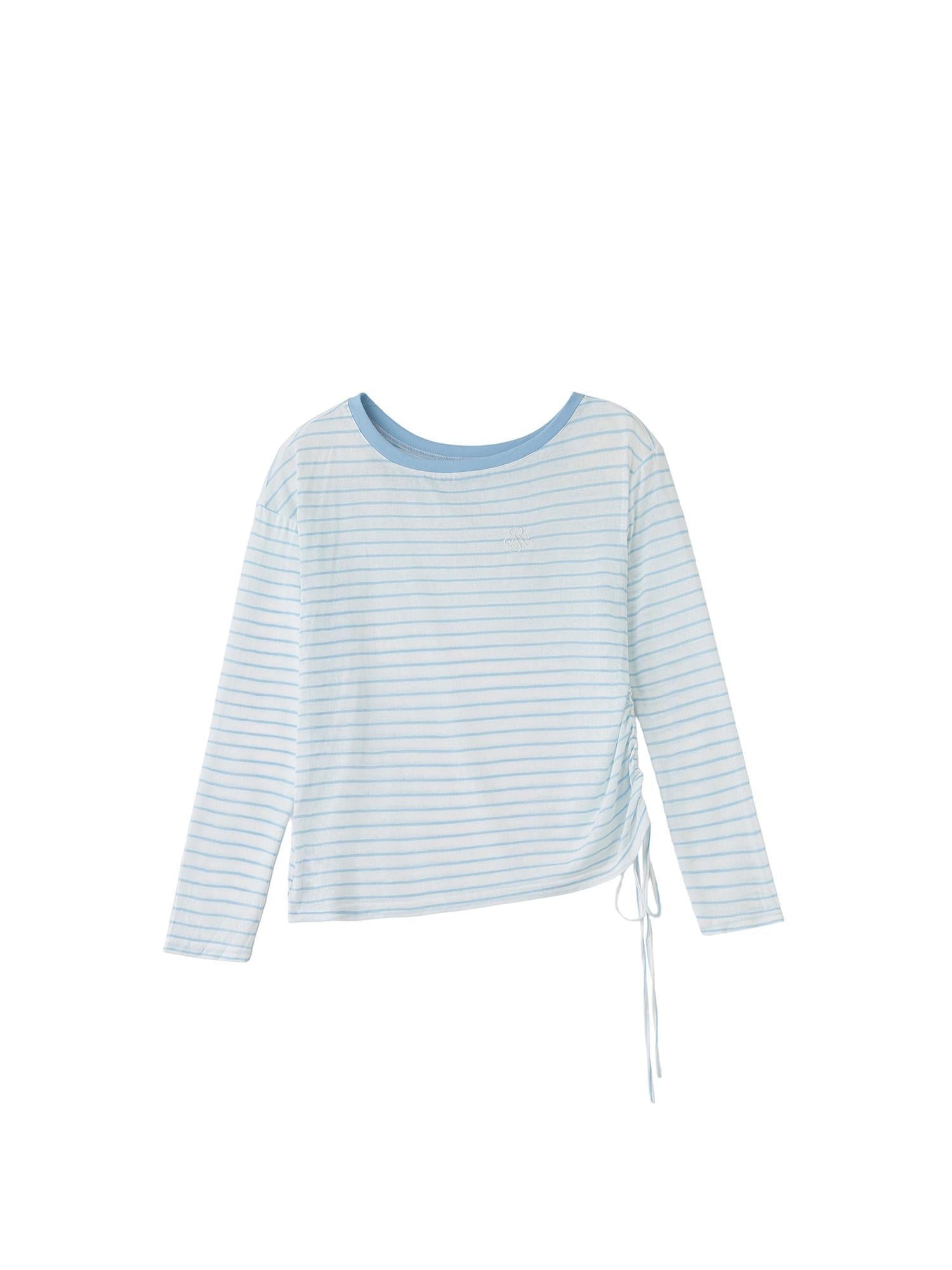 ikyou Cooling Lyocell Loose Embroidered Women Blue Striped Long Sleeve T-Shirts